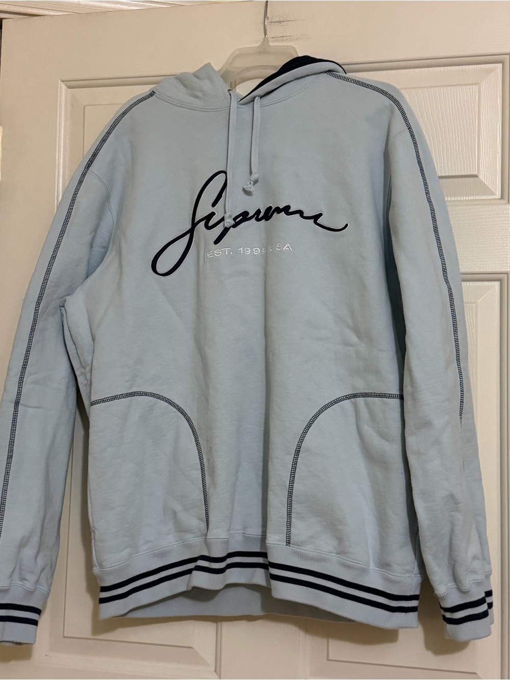 Supreme Contrast Embroidered Hooded Sweatshirt Hoodie Light Ice Blue Size XL